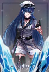 Rule 34 | 10s, 1girl, akame ga kill!, bad id, bad pixiv id, blue eyes, blue hair, boots, breasts, choker, cleavage, esdeath, hat, highres, long hair, looking at viewer, matching hair/eyes, military, military uniform, peaked cap, renshena, smile, solo, thigh boots, thighhighs, uniform