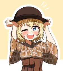 Rule 34 | 1girl, blonde hair, blue eyes, brown hat, ddolbang, hair ornament, hairclip, hat, highres, holding, holding clothes, holding hat, hololive, hololive english, japanese clothes, kimono, obi, one eye closed, open mouth, plaid, sash, simple background, smile, solo, virtual youtuber, watson amelia, watson amelia (new year)
