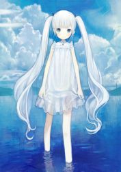 Rule 34 | 1girl, aqua eyes, barefoot, blue eyes, cloud, dress, female focus, holding, holding clothes, holding skirt, kitada mo, looking at viewer, ocean, outdoors, skirt, sky, solo, twintails, white hair