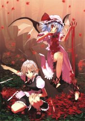 Rule 34 | 2girls, absurdres, alternate hair color, bat wings, blonde hair, blood, blue eyes, blue hair, braid, female focus, forest, gradient background, hat, highres, izayoi sakuya, knife, maid, morii shizuki, multiple girls, nature, outdoors, plant, red eyes, remilia scarlet, short hair, silver hair, throwing knife, touhou, twin braids, weapon, wings