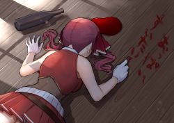 Rule 34 | 1girl, blood, blood writing, bodystocking, bottle, bow, dying message, facing away, fake blood, gloves, hair bow, highres, hololive, houshou marine, lying, mikan (chipstar182), miniskirt, on stomach, pleated skirt, red bow, red hair, red skirt, red vest, skirt, solo, translated, twintails, vest, virtual youtuber, white gloves, wine bottle, wooden floor, writing