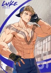 Rule 34 | 1boy, abs, absurdres, bara, blonde hair, blue eyes, blue pants, character name, chest tattoo, fingerless gloves, gloves, green gloves, highres, holding, holding phone, jewelry, large pectorals, luke sullivan, male focus, muscular, muscular male, navel, necklace, nipples, pants, pectorals, phone, plzgiveme 00, scar, scar across eye, scar on face, short hair, smile, solo, street fighter, street fighter 6, talking on phone, tattoo, teeth, topless male, twitter username