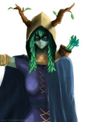 Rule 34 | 1girl, absurdres, adventure time, antlers, colored sclera, colored skin, domino mask, green sclera, green skin, highres, horns, huntress wizard, mask, simple background, solo, white background