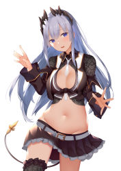 Rule 34 | 1girl, nanashi inc., :d, bad id, bad pixiv id, belt, between breasts, black skirt, blue eyes, blush, breasts, cleavage, commentary request, cowboy shot, crop top, crown, groin, hand up, honey strap, large breasts, long hair, long sleeves, looking at viewer, midriff, miniskirt, mole, mole under eye, navel, necktie, open mouth, pleated skirt, sidelocks, silver hair, simple background, skirt, smile, solo, sougetsu eli, stomach, suzuame yatsumi, tail, thighhighs, virtual youtuber, white background, white necktie, wing collar, zettai ryouiki