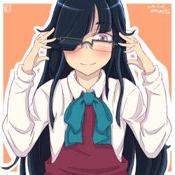 Rule 34 | 10s, 1girl, 2015, adjusting eyewear, bespectacled, blue eyes, blush, bow, bowtie, dated, glasses, hair over one eye, hayashimo (kancolle), kantai collection, long hair, long sleeves, looking at viewer, orange background, purple eyes, ribbon, ru2n131, school uniform, shirt, simple background, smile, solo, twitter username, upper body, very long hair, white shirt