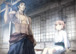 Rule 34 | 1boy, 1girl, architecture, arm support, black bow, black eyes, black hair, bokken, bow, closed mouth, collarbone, cowboy shot, east asian architecture, fate/grand order, fate (series), hair bow, hijikata toshizou (fate), holding, holding sword, holding weapon, japanese clothes, kimono, long sleeves, looking afar, looking at viewer, navel, obi, okita souji (fate), okita souji (koha-ace), over shoulder, pink hair, sash, topless male, short hair, short kimono, sitting, sliding doors, smile, stomach, sword, toned, weapon, weapon over shoulder, white kimono, wide sleeves, wooden sword, yahako, yellow eyes