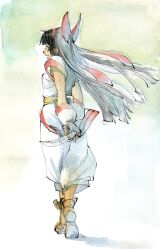 Rule 34 | 1girl, ainu clothes, arms behind back, ass, black hair, breasts, grey eyes, hair ribbon, highres, legs, long hair, looking at viewer, looking back, nakoruru, open mouth, own hands together, pants, ribbon, samurai spirits, sideboob, small breasts, smile, snk, solo, the king of fighters, thighs, weapon
