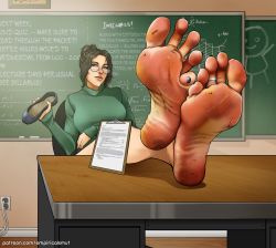 Rule 34 | absurdres, ana xenakis, big feet, dirty, dirty feet, empiricalsmut, feet, feet on table, feet up, greek toe, grief (series), highres, shoes, unworn shoes, soles, teacher, teasing, toes