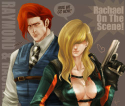 Rule 34 | 1boy, 1girl, blonde hair, breasts, cleavage, english text, gun, hair over eyes, large breasts, rachael foley, raymond vester, red hair, resident evil, resident evil: revelations, weapon