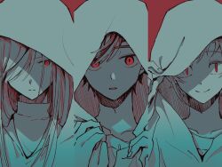Rule 34 | 1girl, 2boys, adjusting hood, arm up, closed mouth, collarbone, fingernails, hair between eyes, hair over one eye, hatching (texture), highres, hood, hood up, kagerou project, kano shuuya, kido tsubomi, linear hatching, long hair, looking at viewer, mokemoke chan, multiple boys, one eye covered, parted lips, partially colored, portrait, red background, red eyes, sanpaku, serious, seto kousuke, shirt, short hair, side-by-side, simple background, slit pupils, smile, straight-on, turtleneck