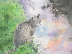 Rule 34 | animal, cat, dandelion, flower, grass, no humans, original, painting (medium), plant, reflection, reflective water, rie matsue, ripples, traditional media, water, watercolor (medium), weeds, yellow flower