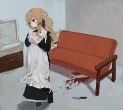 Rule 34 | 1girl, :/, absurdres, apron, black dress, black ribbon, blonde hair, blood, blood on clothes, closed mouth, couch, dot nose, dress, expressionless, full body, hair ribbon, haru (ririne9999rine), head tilt, highres, implied murder, indoors, jitome, knife, living room, long hair, long sleeves, looking to the side, maid, maid apron, nail polish, original, own hands together, pool of blood, ribbon, severed arm, severed limb, shadow, shoes, sidelocks, solid eyes, solo, swept bangs, television, wavy hair, yellow eyes