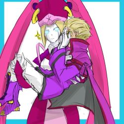 Rule 34 | 1boy, 1girl, android, arc system works, blazblue, blonde hair, blue eyes, boots, cape, carrying, colored skin, facepalm, gloves, glowing, glowing eyes, hat, high collar, ignis (blazblue), mask, pale skin, pink hat, princess carry, purple footwear, relius clover, robot ears, role reversal, short hair, white gloves, white skin