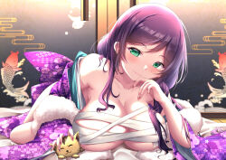 Rule 34 | 1girl, absurdres, animal, bandages, bandages around chest, blush, breast rest, breasts, cat, closed mouth, green eyes, gxdy, hair over breasts, highres, huge breasts, indoors, long hair, looking at viewer, love live!, love live! school idol project, lying, nail polish, off shoulder, on stomach, purple hair, red nails, signature, smile, solo focus, tojo nozomi