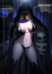 Rule 34 | 1girl, ammunition, bikini, black bikini, blonde hair, boots, breasts, english text, gdat, genderswap, genderswap (mtf), glowing, glowing eye, half mask, highres, large breasts, magazine (weapon), mask, mature female, medium hair, merchant (resident evil), navel, open clothes, open robe, red eyes, resident evil, resident evil 4, robe, scarf, speech bubble, swimsuit, thigh boots