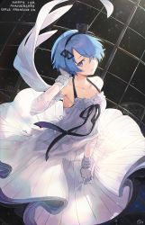 Rule 34 | 1girl, ahoge, bare shoulders, blue hair, blush, collarbone, dress, earrings, girls&#039; frontline, gloves, hair ornament, hand on own head, jewelry, looking at viewer, nagu, orange eyes, parted lips, short hair, signature, skirt hold, solo, strapless, strapless dress, wedding dress, white dress, white gloves, wind, wind lift, zas m21 (girls&#039; frontline)