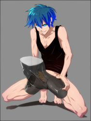 Rule 34 | 1boy, artificial vagina, barefoot, black sclera, blue hair, bottomless, colored sclera, feet, highres, male focus, masturbation, naughty face, pectoral cleavage, pectorals, penis, sex toy, sigerufn, solo, tagme, tank top, testicles