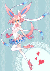 Rule 34 | 1girl, anchu-hiyaku, animal ears, blue eyes, boots, breasts, creatures (company), fangs, game freak, gen 6 pokemon, gloves, high heel boots, high heels, humanization, nintendo, personification, pink hair, pokemon, ribbon, short hair, skirt, small breasts, sylveon, tail, thighhighs