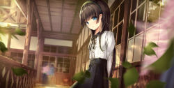 Rule 34 | 1girl, arms behind back, black skirt, blue eyes, blunt bangs, blurry, blush, brown hair, center frills, cowboy shot, day, depth of field, door, frills, hairband, highres, leaf, lens flare, long hair, long sleeves, missile228, original, outdoors, parted lips, railing, shirt, skirt, solo, standing, sunlight, white shirt, window