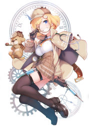 Rule 34 | 1girl, ;d, absurdres, ataruman, black footwear, black gloves, black thighhighs, blonde hair, blue eyes, blush, breasts, brown cape, brown skirt, bubba (watson amelia), cape, clock, deerstalker, detective, dog, full body, gears, gloves, grin, hair ornament, hat, high-waist skirt, highres, holding, holding magnifying glass, holding syringe, hololive, hololive english, long sleeves, looking at viewer, magnifying glass, medium breasts, one eye closed, open mouth, plaid, plaid skirt, pocket watch, roman numeral, shirt, short hair, skindentation, skirt, smile, smoking pipe, stethoscope, syringe, syringe holster, teeth, thigh strap, thighhighs, virtual youtuber, watch, watson amelia, watson amelia (1st costume), white background, white shirt, zettai ryouiki