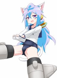 Rule 34 | 10s, 1boy, animal ears, blue eyes, blue hair, blush, child, eyebrows, gluteal fold, hacka doll, hacka doll 3, highres, long hair, looking at viewer, male focus, matching hair/eyes, nemokakkoii, open mouth, simple background, solo, strike witches, swimsuit, tail, trap, white background, world witches series