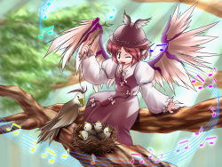 Rule 34 | 1girl, animal ears, beamed quavers, bird, brown eyes, chick, dress, female focus, fingernails, hat, in nest, in tree, jerry, long fingernails, music, musical note, mystia lorelei, nail polish, nest, one eye closed, pink hair, purple nails, quaver, short hair, sitting, sitting in tree, smile, solo, staff (music), stick, touhou, tree, wings