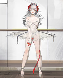 Rule 34 | 1girl, :p, absurdres, alternate costume, antenna hair, arknights, arm behind back, ballerina, ballet slippers, bare shoulders, breasts, cleavage, closed mouth, collarbone, covered navel, da (datako), demon girl, demon horns, demon tail, detached sleeves, female focus, full body, grey hair, highres, horns, indoors, leotard, long hair, looking at viewer, medium breasts, multicolored hair, red hair, see-through, short sleeves, smile, solo, standing, strapless, strapless leotard, tail, tiptoes, tongue, tongue out, tutu, two-tone hair, w (arknights), white leotard, wooden floor, yellow eyes