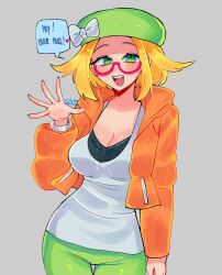 Rule 34 | 1girl, bianca (pokemon), blonde hair, bow, bowtie, breasts, cleavage, creatures (company), english text, game freak, glasses, green eyes, green headwear, green leggings, grey background, highres, jacket, large breasts, leggings, nintendo, open clothes, open jacket, open mouth, orange jacket, plunging neckline, pokemon, pokemon bw2, red-framed eyewear, ruinique, shirt, short hair, simple background, solo, speech bubble, teeth, waving, white bow, white bowtie, white shirt