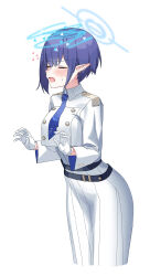 Rule 34 | 1girl, aoi (blue archive), belt, black belt, blue archive, blue hair, blue necktie, blush, buttons, closed eyes, collared jacket, commentary request, cropped jacket, cropped legs, double-breasted, dress, earclip, embarrassed, epaulettes, gameplay mechanics, gloves, halo, hands up, harebunny, headpat, heart, highres, jacket, leaning forward, long pointy ears, long sleeves, mole, mole under eye, multiple belts, necktie, open mouth, pleated dress, pointy ears, short hair, sidelocks, solo, sweatdrop, white background, white gloves, white jacket