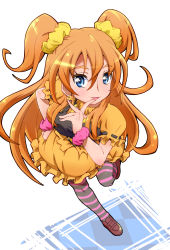 Rule 34 | 10s, 1girl, blue eyes, blush, brown hair, bubble skirt, choker, frills, full body, hand on own hip, highres, houjou hibiki, long hair, orange skirt, pantyhose, precure, ryuuta (cure ryuuta), shoes, skirt, smile, solo, striped clothes, striped pantyhose, suite precure, two side up, wrist cuffs