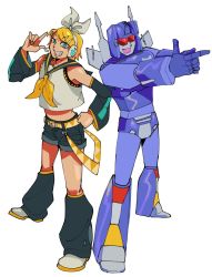 Rule 34 | 1boy, 1girl, belt, black shorts, blue eyes, clenched hand, commentary, cropped shirt, crossover, detached sleeves, english commentary, finger gun, frenzy (transformers), hair ribbon, hand on own hip, headphones, highres, kagamine rin, looking at viewer, mecha, nya zuline, open mouth, pointing, pointing up, ribbon, robot, shirt, shorts, smile, trait connection, transformers, tube socks, vocaloid, white ribbon, white shirt, yellow belt