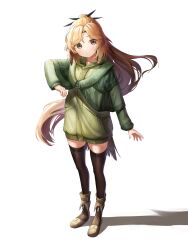 Rule 34 | 1girl, absurdres, alternate costume, arknights, black thighhighs, blush, boots, brown eyes, brown hair, capelet, commentary request, feather hair, green capelet, green jacket, highres, hood, hood down, jacket, killizard, long hair, long sleeves, pinecone (arknights), shadow, simple background, solo, thighhighs, very long hair, white background