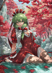 Rule 34 | 1girl, absurdres, arm ribbon, arm support, autumn leaves, black thighhighs, breasts, cleavage, commentary request, day, dedemaru, dress, feet out of frame, frilled ribbon, frills, front ponytail, green eyes, green hair, hair ribbon, hand on ground, highres, kagiyama hina, leaf, long hair, looking at viewer, maple leaf, medium breasts, open mouth, outdoors, partially submerged, puffy short sleeves, puffy sleeves, red dress, ribbon, rock, short sleeves, sitting, smile, solo, thighhighs, touhou, tree, water, waterfall, wet, wet clothes