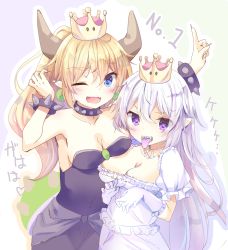 Rule 34 | 2girls, ;d, arms up, black dress, blonde hair, blue eyes, bowsette, breasts, cleavage, commentary request, crown, dress, earrings, elbow gloves, fangs, fingernails, frilled dress, frilled gloves, frills, gloves, hair between eyes, heart, horns, indoors, jewelry, kinokomushi, long hair, luigi&#039;s mansion, mario (series), medium breasts, mini crown, multiple girls, new super mario bros. u deluxe, nintendo, one eye closed, open mouth, pointy ears, ponytail, princess king boo, puffy short sleeves, puffy sleeves, purple eyes, sharp fingernails, sharp teeth, short sleeves, silver hair, smile, spiked shell, strapless, strapless dress, super crown, teeth, tongue, tongue out, translation request, turtle shell, very long hair, white dress, white gloves