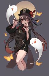 Rule 34 | 1girl, absurdres, black nails, black shorts, bracelet, brown coat, brown hair, bug, butterfly, coat, coattails, cropped legs, flower, full moon, genshin impact, ghost, ghost pose, gradient hair, grey background, grin, hat, hat flower, highres, hu tao (genshin impact), insect, jewelry, long hair, looking at viewer, moon, multicolored hair, nail polish, plum blossoms, porkpie hat, red eyes, ring, shorts, simple background, smile, solo, sooon, standing, star-shaped pupils, star (symbol), symbol-shaped pupils, tassel, twintails