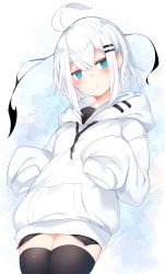 Rule 34 | 1girl, ahoge, black thighhighs, blue eyes, blush, breasts, closed mouth, commentary request, cowboy shot, hair between eyes, hair ornament, hairclip, highres, hood, hood down, hoodie, long sleeves, looking at viewer, original, otokuyou, ringo-chan (otokuyou), short hair, sleeves past fingers, sleeves past wrists, small breasts, solo, thighhighs, white hair, white hoodie, zettai ryouiki
