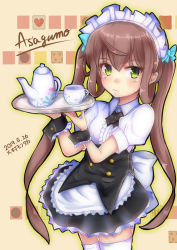 Rule 34 | 1girl, absurdres, alternate costume, artist name, asagumo (kancolle), black skirt, brown hair, character name, commentary request, cowboy shot, cup, dated, enmaided, grey eyes, hair ribbon, highres, himura moritaka, kantai collection, long hair, maid, maid headdress, multicolored background, puffy short sleeves, puffy sleeves, ribbon, shirt, short sleeves, skirt, solo, standing, teacup, teapot, thighhighs, tray, twintails, white shirt, white thighhighs
