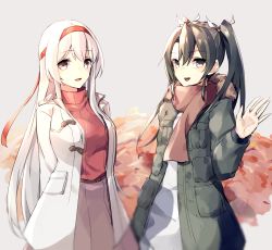 Rule 34 | 2girls, :d, arms behind back, brown skirt, coat, duffel coat, green coat, green hair, hair ribbon, hairband, highres, kantai collection, long hair, looking at viewer, multiple girls, open mouth, red hairband, red sweater, ribbed sweater, ribbon, scarf, shoukaku (kancolle), skirt, smile, stardust-kun, sweater, turtleneck, turtleneck sweater, twintails, white coat, white hair, zuikaku (kancolle)