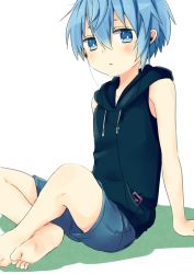 Rule 34 | 1boy, barefoot, blue eyes, blue hair, child, earbuds, earphones, feet, hood, hoodie, looking at viewer, male focus, original, os (os fresa), short hair, shorts, simple background, sleeveless, sleeveless hoodie, soles, solo, souta (os), toes, white background
