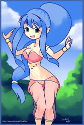 Rule 34 | 1girl, armlet, blue hair, borrowed character, bracelet, breasts, bush, cleavage, cloud, collarbone, dancer, drantyno, green eyes, harem outfit, harem pants, highres, jewelry, long hair, looking at viewer, medium breasts, midriff, open mouth, pants, pink pants, pink shirt, pointy ears, ponytail, shirt, sky, smile, standing, strapless, teeth, tube top