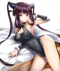 Rule 34 | 1girl, ayakawa riku, bare shoulders, black dress, blue eyes, blunt bangs, breasts, china dress, chinese clothes, double bun, dress, fate/grand order, fate (series), hair bun, hair ornament, leaf hair ornament, long hair, lying, medium breasts, on side, purple hair, short dress, sleeveless, sleeveless dress, smile, solo, twintails, yang guifei (fate), yang guifei (second ascension) (fate)