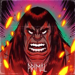 Rule 34 | 1boy, angry, black hair, blood, blood on body, blood on face, caveman, close-up, copyright name, embers, feet out of frame, genndy tartakovsky&#039;s primal, highres, human defect, long hair, looking at viewer, male focus, open mouth, spear (primal), teeth, title, title page, topless male