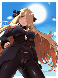 Rule 34 | 1girl, black coat, black nails, black pants, blonde hair, blue sky, border, breasts, bright pupils, cameltoe, cleft of venus, closed mouth, coat, commentary, covered erect nipples, covered navel, creatures (company), cynthia (pokemon), eyelashes, floating hair, from below, fur-trimmed coat, fur trim, game freak, goro orb, grey eyes, hair ornament, hair over one eye, hand on own hip, highres, large breasts, long hair, looking at viewer, looking down, nail polish, nintendo, outdoors, pants, pokemon, pokemon dppt, sky, smile, solo, sunlight, taut clothes, twitter username, very long hair, watermark, white border, white pupils