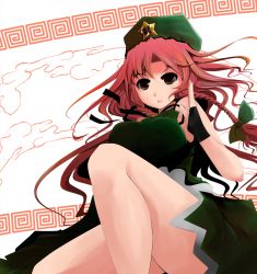 Rule 34 | 1girl, adapted costume, arano oki, bow, braid, brown eyes, female focus, fingerless gloves, gloves, hair bow, hat, hong meiling, long hair, open mouth, red hair, sleeveless, solo, star (symbol), touhou, twin braids