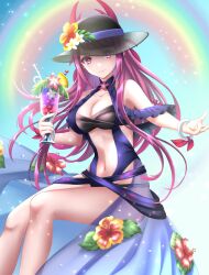 Rule 34 | 1girl, alternate costume, backless swimsuit, bikini, black bikini, center opening, cup, drinking glass, drinking straw, female focus, fire emblem, fire emblem engage, fire emblem heroes, flower, frilled one-piece swimsuit, frills, halterneck, hat, hat flower, hibiscus, highres, holding, holding cup, ivy, ivy (fire emblem), ivy (summer) (fire emblem), kakiko210, looking at viewer, matching hair/eyes, mole, mole under mouth, navel, nintendo, official alternate costume, one-piece swimsuit, purple eyes, purple hair, purple one-piece swimsuit, rainbow, see-through, see-through headwear, sitting, smile, solo, sun hat, swimsuit, tropical drink