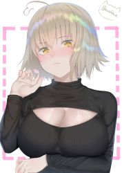 Rule 34 | 1girl, absurdres, ahoge, alternate costume, black sweater, blonde hair, breasts, breasts out, cleavage, cleavage cutout, closed mouth, clothing cutout, commentary request, fate/grand order, fate (series), fingernails, hand up, highres, jeanne d&#039;arc (fate), jeanne d&#039;arc alter (avenger) (fate), jeanne d&#039;arc alter (fate), large breasts, long sleeves, meme attire, open-chest sweater, pink lips, rushian, short hair, signature, solo, sweater, upper body, white background, yellow eyes