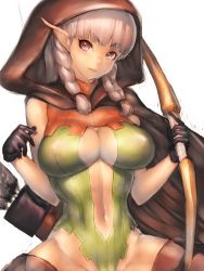 Rule 34 | 1girl, alternate breast size, bare shoulders, boots, bow (weapon), braid, breasts, covered erect nipples, dragon&#039;s crown, elf (dragon&#039;s crown), fumio (rsqkr), gloves, hood, hoodie, large breasts, light smile, long hair, looking at viewer, navel, pointy ears, red eyes, silver hair, simple background, smile, solo, thigh boots, thighhighs, twin braids, weapon, white background