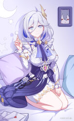 Rule 34 | 1girl, absurdres, artist name, bed, blue eyes, blue hair, breasts, bright pupils, chinese commentary, closed mouth, commentary, crescent, dress, flower, full body, grey hair, hair between eyes, hair ornament, hare (honkai impact), highres, holding, honkai (series), honkai impact 3rd, lap pillow invitation, large breasts, long hair, long sleeves, looking at viewer, mimikaki, multicolored hair, official alternate costume, pillow, prometheus (honkai impact), red eyes, seiza, sitting, smile, solo, star (symbol), two-tone hair, watermark, white dress, white flower, white hair, white pupils, xuan xiao z