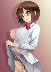 Rule 34 | 10s, 1girl, areola slip, bespectacled, blush, bow, bowtie, breasts, brown hair, clothes lift, commentary request, covered erect nipples, glasses, green eyes, idolmaster, idolmaster cinderella girls, large breasts, maekawa miku, neko neko koneko, no bra, no panties, open clothes, open mouth, open shirt, out-of-frame censoring, pleated skirt, puffy nipples, red-framed eyewear, school uniform, shirt, short hair, skirt, skirt lift, solo, standing