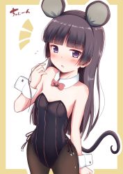 Rule 34 | 1girl, animal ears, beige background, black hair, black hairband, blunt bangs, blush, bow, bowtie, breasts, brown pantyhose, collar, collarbone, commentary request, detached collar, fake animal ears, flying sweatdrops, gokou ruri, hairband, hand up, highres, leotard, mole, mole under eye, mouse ears, mouse girl, mouse tail, nontraditional playboy bunny, ore no imouto ga konna ni kawaii wake ga nai, outline, pantyhose, parted lips, playboy bunny, purple eyes, red bow, red bowtie, small breasts, solo, strapless, strapless leotard, tail, takatsuki akira, two-tone background, white background, white collar, white outline, wing collar, wrist cuffs